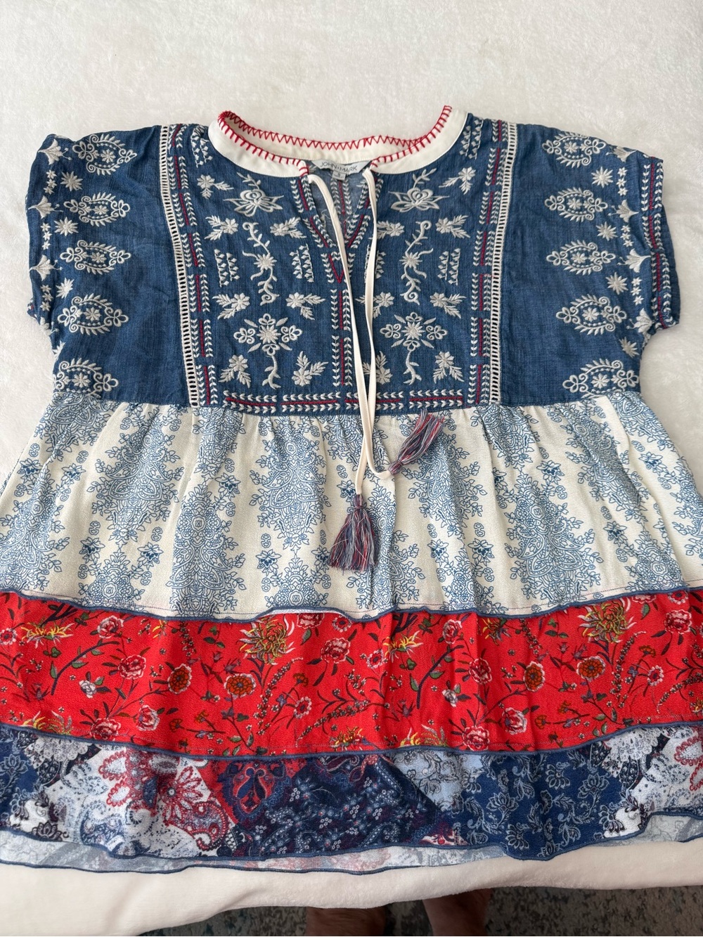 John Mark Embroidered Boho Blouse featuring a colorful patchwork Design S D87